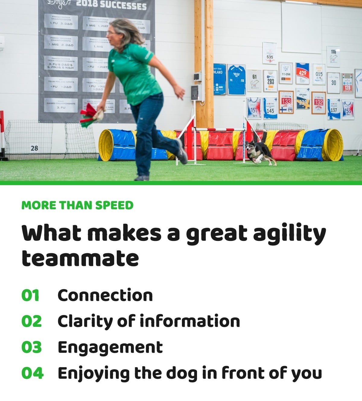 What makes a great agility teammate: connection, clarity of information, engagement, enjoying the dog in front of you